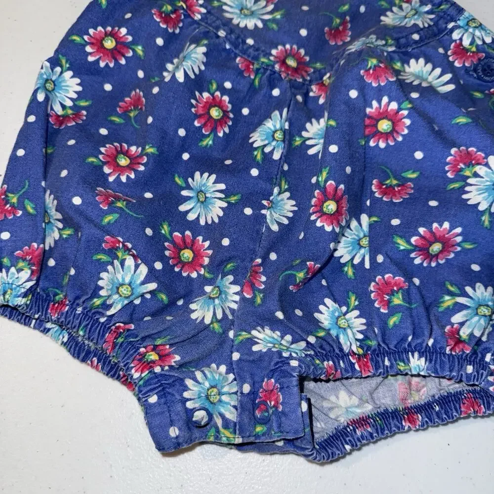 Vintage Oshkosh Baby B'Gosh Vestbak Polka Dot Floral Bubble Romper Blue Size 12M